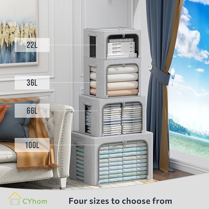 CYhom 4 Pack Clothes Storage Bins with Metal Frame - Linen Fabric Foldable Stackable Container Organizer Set with Clear Window & Carry Handles & Zippers (Light Grey, 23.6"x16.5"x15.7")