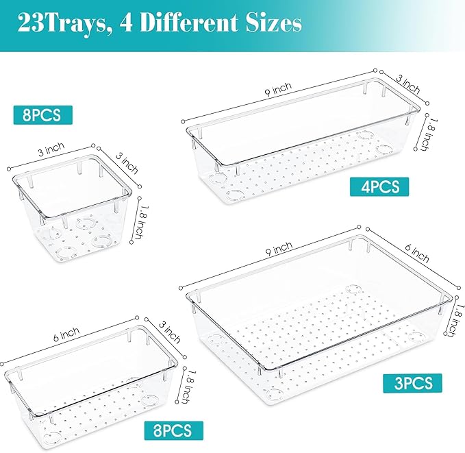 StorMiracle 23 PCS Clear Plastic Drawer Organizers Set, 4 Size Desk Drawer Organizer Trays for Makeup, Jewelry, Kitchen Utensils, Gadgets and Office Accessories