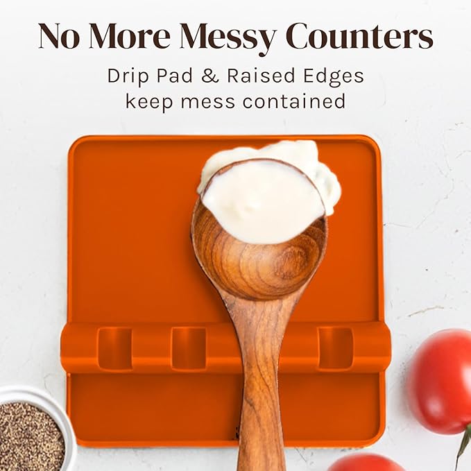 Cooler Kitchen Orange Silicone Spoon Rest for Stove Top with Drip Pad (Two Pack) - Heat Resistant BPA Free Utensil Rest & Spoon Holder for Kitchen Counter - Grill Utensil Holder - Spatula Holder