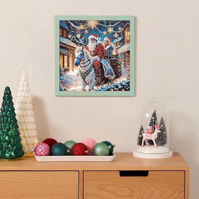 5D Special Shape Christmas Diamond Painting Kits for Adults, Santa Claus and Companion Riding Through Dreamy Fairytale Town, Crystal Rhinestones Diamond Art Canvas for Home Wall Decor Gift, 12×12 Inch