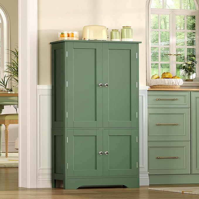 TEENFON 43" H Storage Cabinet with 4 Doors, Kitchen Cabinet with 6 Door Shelves, Kitchen Pantry Cabinets for Living Room, Dining Room, Bathroom, Forest Green