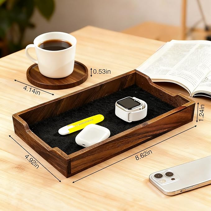 Walnut Desk Tray with Cup Coaster Set, Natural Wooden felt lined Desk Drawer Organizer for Keys, Pen, Watch, Home Office Desktop Accessories