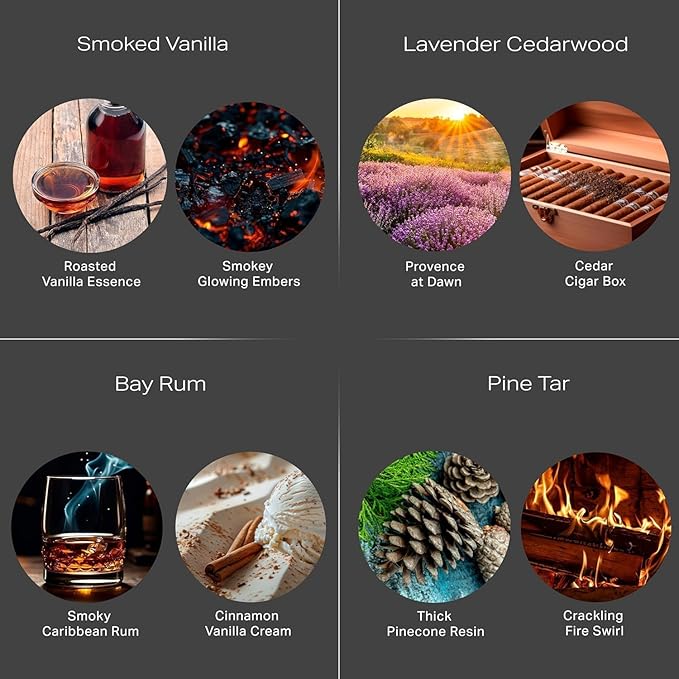 Scented Candles for Men - 200 Hours Burn Time in Gift Box & Protective Shipper - Men Candle Set x 4 - Cedarwood & Lavender/Bay Rum/Pine Tar/Smoke & Vanilla - Spotless Leopard
