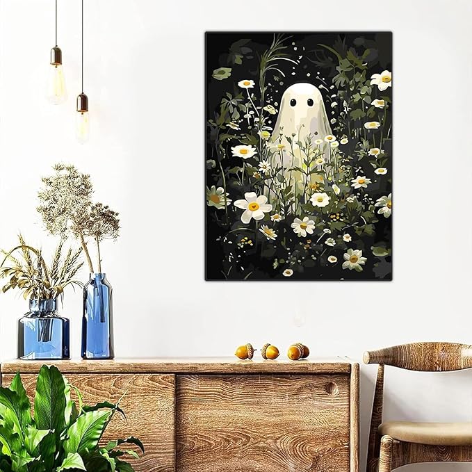 Meothan Framed Paint by Numbers Kits for Adults, Halloween Paint by Number for Adults Beginners, Paint by Numbers Kits on Canvas with Framed and Easel for Home Wall Decor 11.8x15.7inch (Ghost)
