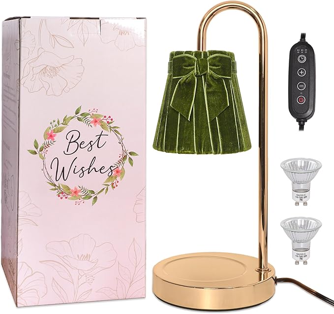 Green Coquette Bow Candle Warmer Lamp with Timer, Dimmable, Sage Green Décor Velvet for Home, Electric Wax Warmer for Jar Candles, Gifts for Birthday, Mom Women, Dad, Friend