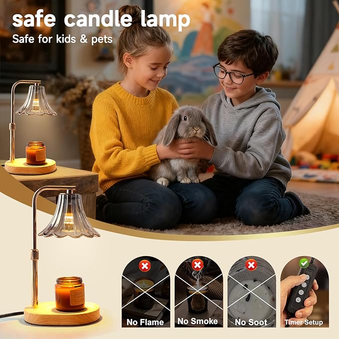 Candle Warmer Lamp with Timer and Dimmer, Adjustable Height Wax Melter for Scented Jar Candles, Vintage Glass Shade Home Decor, Gifts for Women and Mom, 2 Bulbs Included