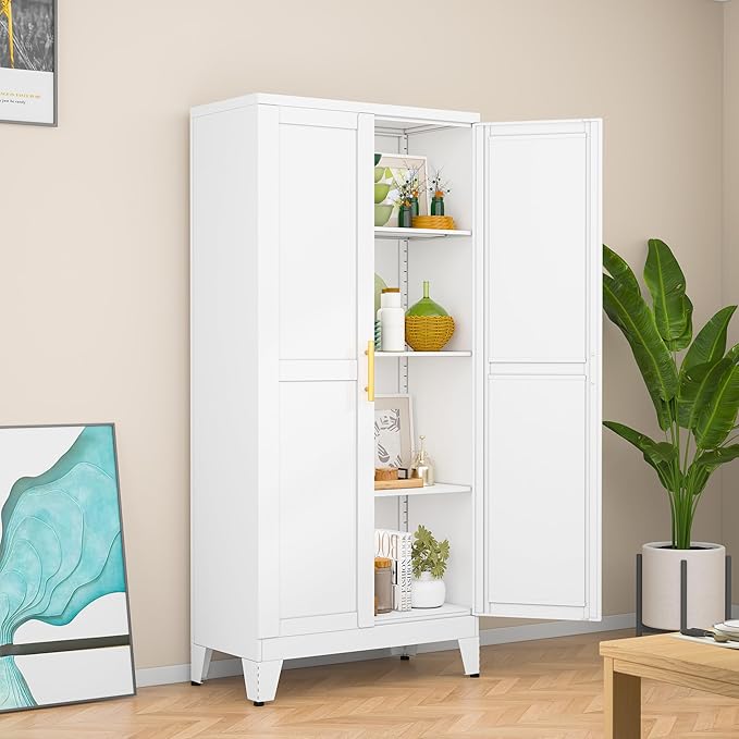 White Metal Storage Cabinet, 48" Steel Cabinets for Home Office, Kitchen Pantry Storage Cabinet with Doors and 3 Adjustable Shelves, for Office, Home, Garage, School