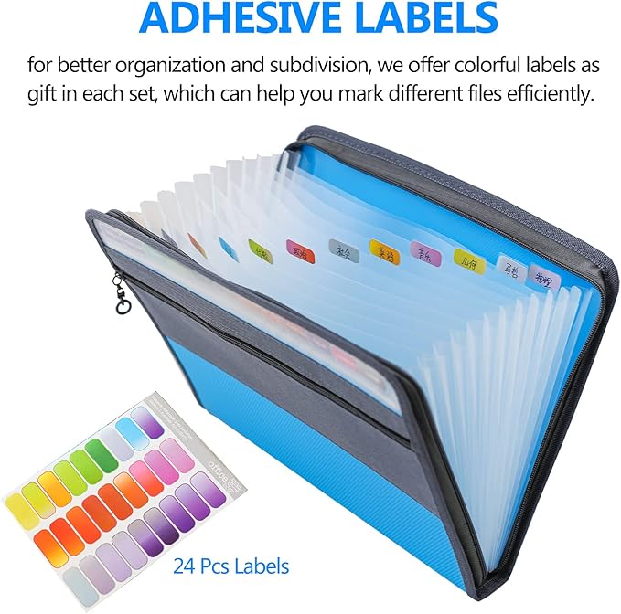 NAFY Expanding File Folder, 13 Pockets Document Organizer with Zipper, A4 Letter Size Portable Accordion Expanding File Folders with 27pcs Multicolor Labels for Home Office School Supplies (Blue)