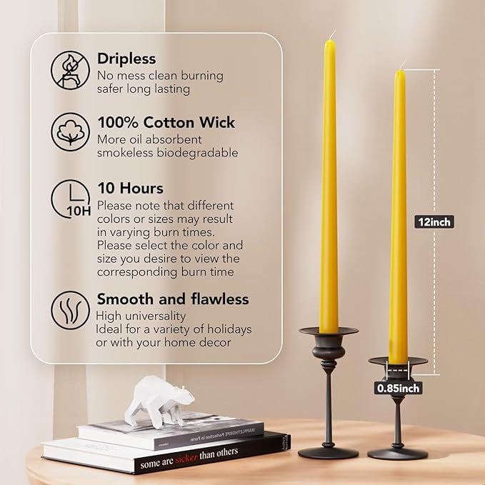 12-Inch Tall Dripless Taper Candles Set of 4 - Lemon Yellow Tapered Candles, Perfect for Spring - Smokeless, Unscented, Long Burning - Hand Poured, Colored Tall Candlesticks - Lenmon