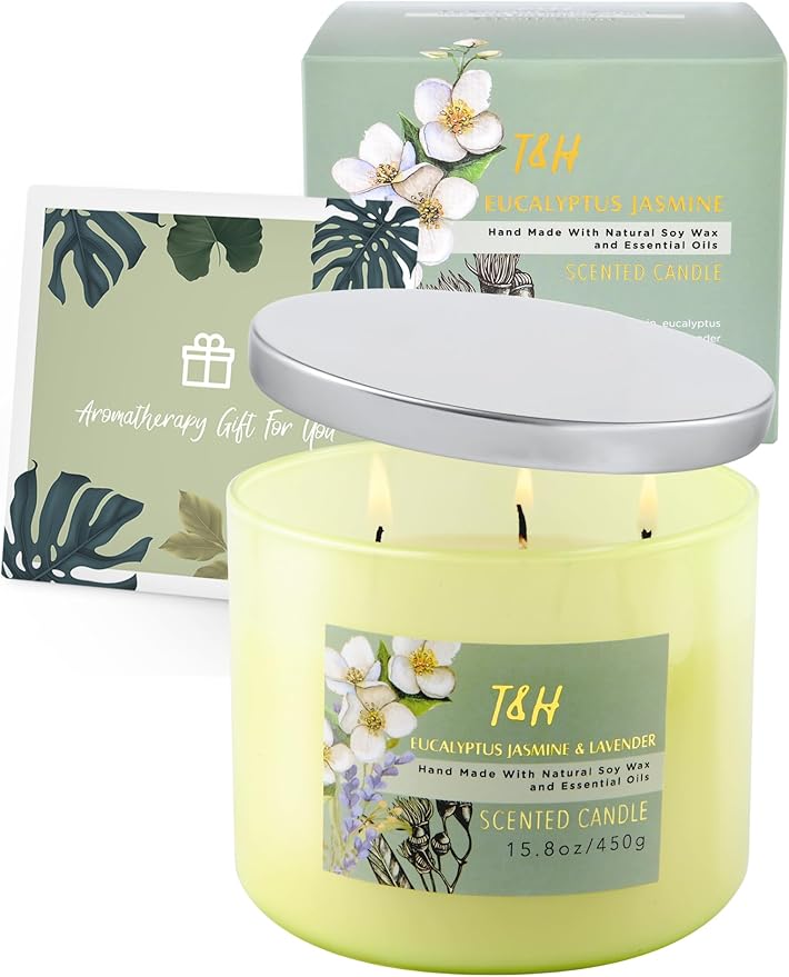 Eucalyptus Jasmine Lavender Scented Candle | 3 Wick Large Soy Candle for Home 15.8oz | Calming Aromatherapy Spa Candle | Strong Scent, Long Lasting, Clean Burn | Stress Relief Gift for Women & Men