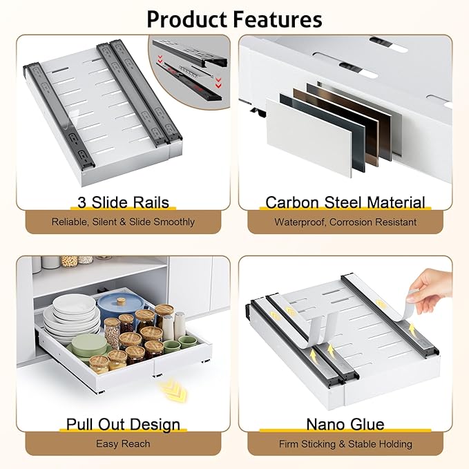 Pull Out Cabinet Organizer, Expandable Width (11.4"-18.9") Depth (16.3"-21.7") Pull out Drawers for Cabinets with 3 Rails, No Drill Adhesive Film or Nail Fixed Slide out Drawers for Kitchen, Pantry