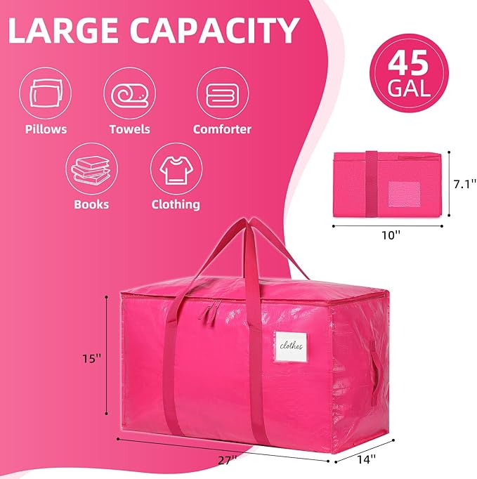 Moving Bags Heavy Duty Hot Pink – Large Packing Bags for Moving, Extra Large Storage Totes with Zippers and Handles