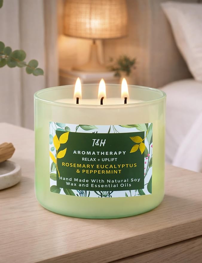 Rosemary Eucalyptus Peppermint 3 Wick Candle for Home Scented | 15.8 oz Large Soy Candle | Spa Aromatherapy Candles for Home Stress Relief | Clean Burn | Gift for Women & Men