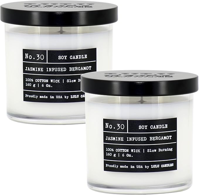 Lulu Candles | Jasmine Infused Bergamot | Luxury Scented Soy Jar Candle | Hand Poured in The USA | Highly Scented & Long Lasting- 6 Oz. 2 Pack