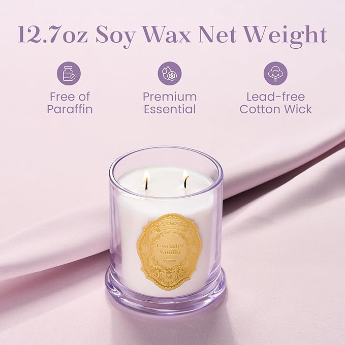 M&SENSE Lavender Vanilla Candles for Home Scented, 2 Wick 12.7oz Soy Wax Candles Non Toxic,70 Hours Long Burning,Christmas Candles Gift for Stress Relief, Meditation, Yoga