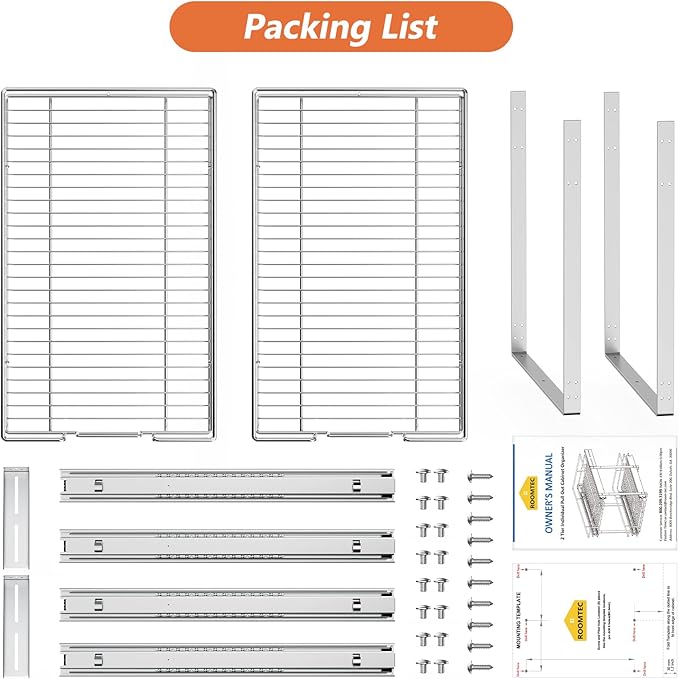 ROOMTEC Individual Pull Out Cabinet Organizer (15½" W x 21½" D), 2 Tier Spice Rack Organizer for Cabinet, Slide Out Drawer Pantry Shelf Organization and Storage for Kitchen Bathroom