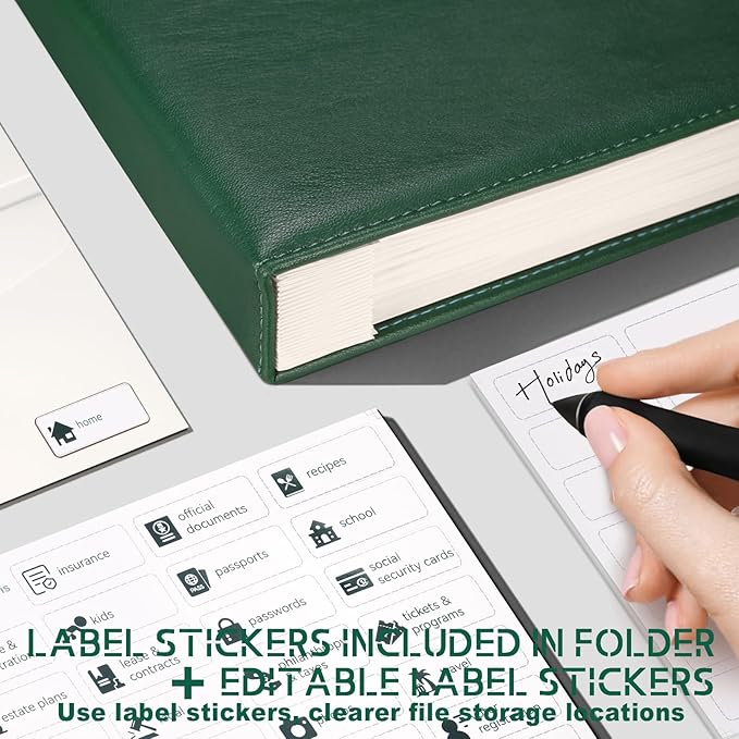 JOYCE Important Document Organizer, 14 Expandable Pockets, 13 Card Slots, for A4 Paper/Letterhead/Cards, with 2 Label Stickers, Suitable for Home, Office, School Use (Olive Green - Leather)