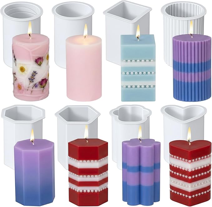 Thinp 8 Pcs Cylinder & Hexagon Candle Silicone Mold, Pillar Candle Mold Reusable Cylinder/Hexagon/Heart/Flower/Square Shapes Resin Molds for Candles Making DIY Crafts (6 Styles)