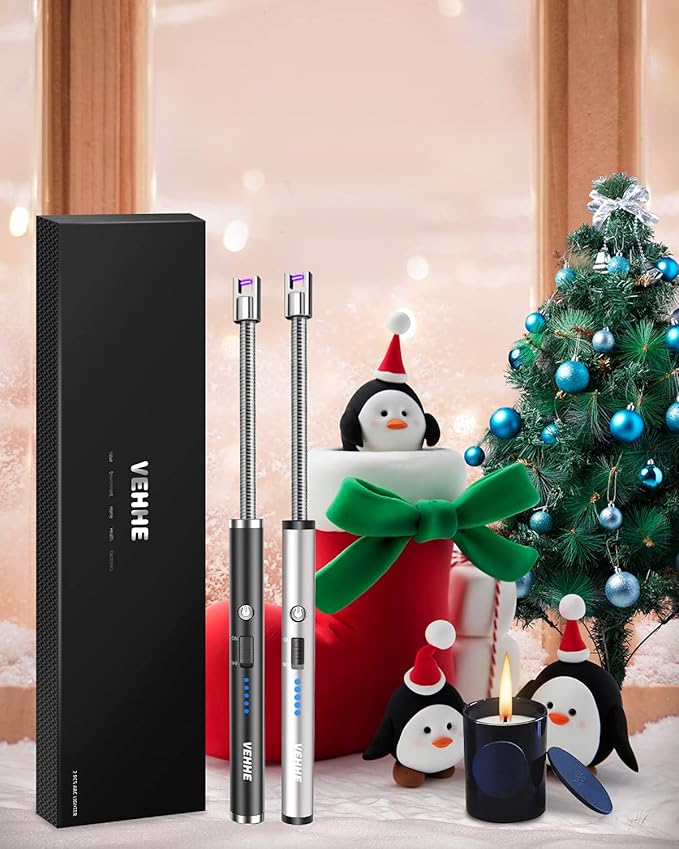 VEHHE Candle Lighter, 2 Pack Rechargeable Electric Lighter with LED Battery Display Safety Switch, Flexible Neck USB Lighters for Candles Camping Grill Gas Stoves Cooking (Black and Silver)