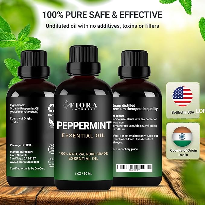 Peppermint Essential Oil by Fiora Naturals - 100% Pure Peppermint Oil for Hair Growth, Skin and Scalp Acne, Diffuser, DIY soap, and Candle Making. Pure Mentha Piperita Oil