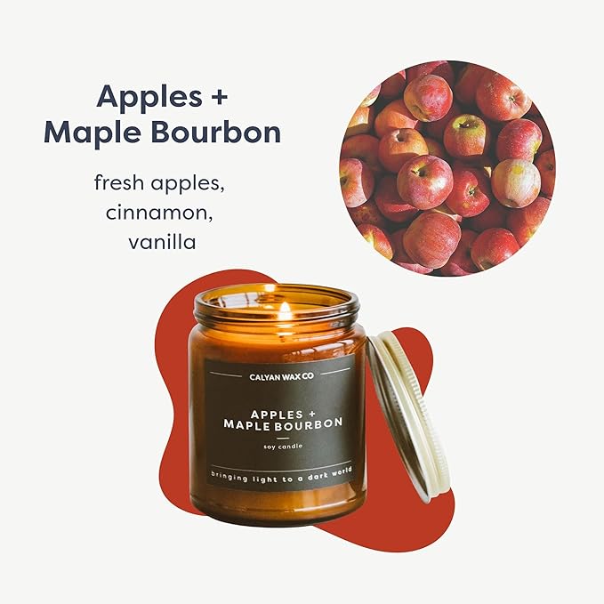 Calyan Wax Co. Apples & Maple Bourbon Scented Candle - 57 Hour Burn - Luxury Non Toxic Soy Wax Candles - Long Lasting Amber Glass Jar Candle for Home - 7.2oz