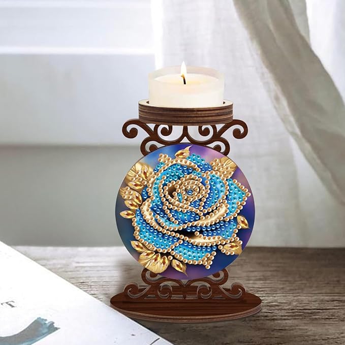 Diamond Art Painting Candlestick Holder kits, Blue Rose DIY shaped crystal Diamond art painting, woodiness Candle holder for AromaRelax & Home Decor, Christmas Halloween Ornaments (Double-Sided)