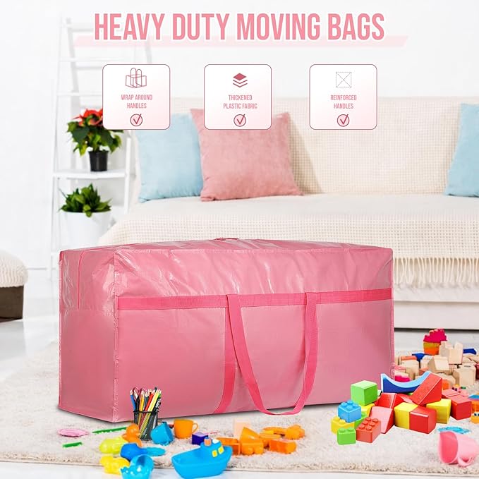 Extra Large Moving Bags Heavy Duty 2 Pack – Bubblegum Pink, 45x21x15 Inches Storage Bags for Moving, Packing, Traveling, and Organizing