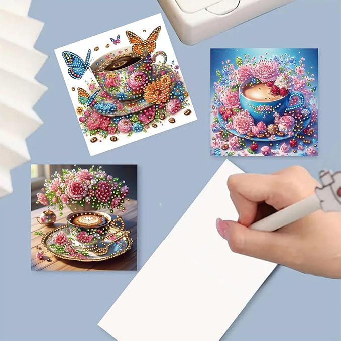 DoxQcs 5D Diamond Art Painting Greeting Cards Kit, DIY Cards for Blessings Congratulations Gifts, Greeting Card Set for Birthday Thanksgiving Day Christmas Halloween-Morning Tea