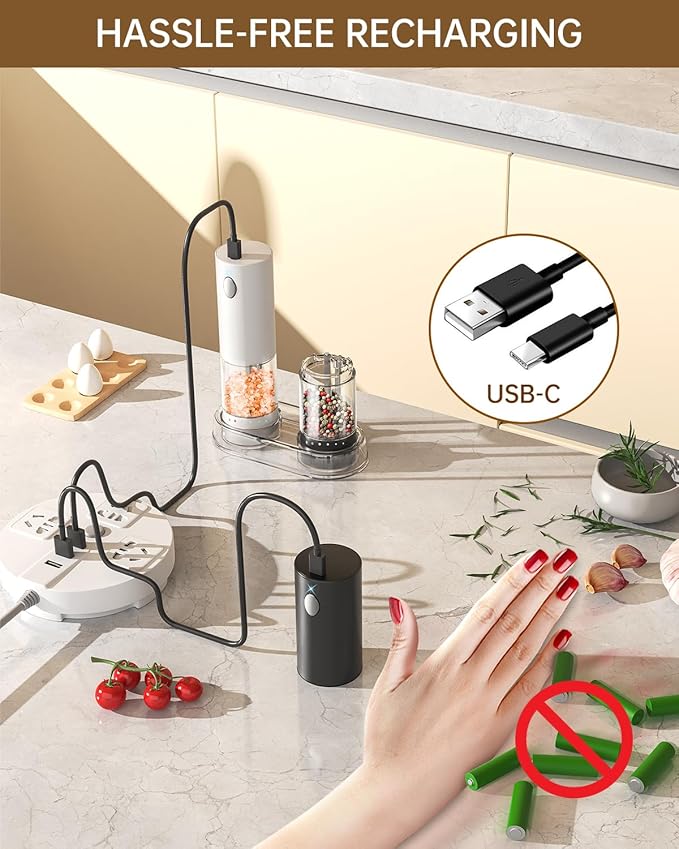 CIRCLE JOY Electric Salt and Pepper Grinder Set Rechargeable Salt and Pepper Mills with 6-Level External Adjustable Coarseness, White LED Light and Storage Base, Black & White