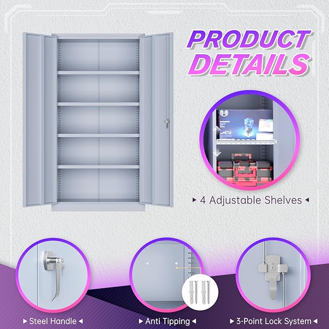 Superday Metal Storage Cabinets, 72" Storage Cabinet with Locking Door, Tall Garage Cabinet with 2 Doors and 4 Adjustable Shelves for Home Office, Classroom, Easy Assemble(Grey)