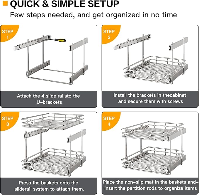 2-Tier Kitchen Cabinet,Pull Out Cabinet Organizer,Shelf and Drawer Organizer Slide Out Pantry Storaqe Basket in Multiple Sizes (12" W x21 D)