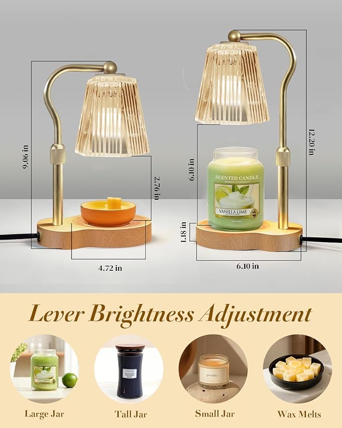 Candle Warmer Lamp, Wax Melt Warmer with 2 Bulbs for Scented Jar Candles, with Timer Dimmer Adjustable Height, Home Decor Gift for Girl Friend Mom Sister Women, No Flame No Smoke Warming Light, Amber