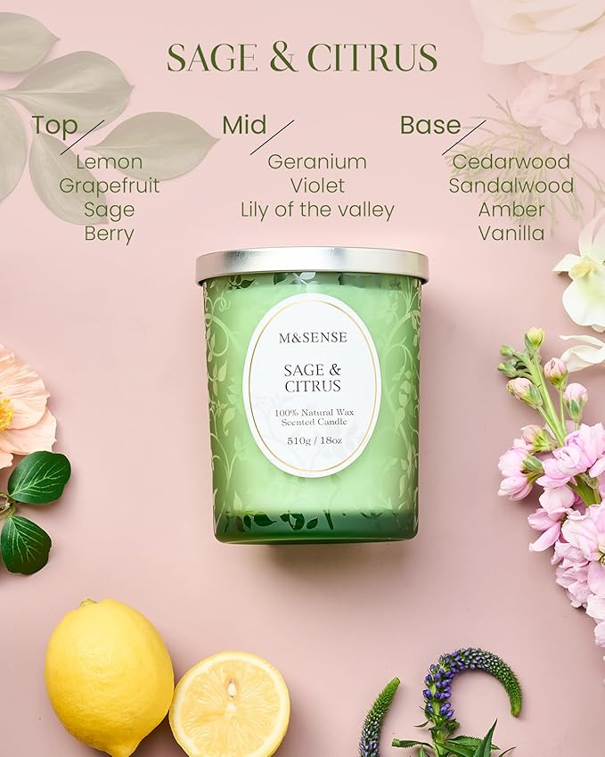M&SENSE Sage Citrus Soy Candle, Cracking Wooden Wick 18oz 100 Hours Long Lasting Clean Burn, Large Jar Winter Aromatherapy Candle for Home Decor, Non-Toxic Relaxing Gifts for Women