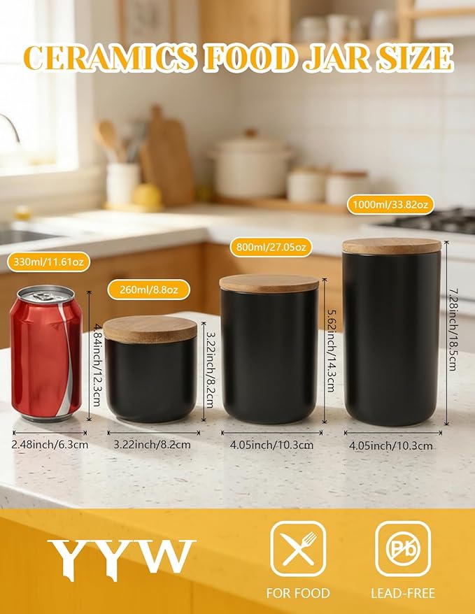 YYW Ceramics Food Storage Jar Canister with Seal Bamboo Lid, Simple Style Kitchen Canister for Food Storage, Store Coffee, Sugar, Tea, Spices and More (Black (33.81oz/1000ml))