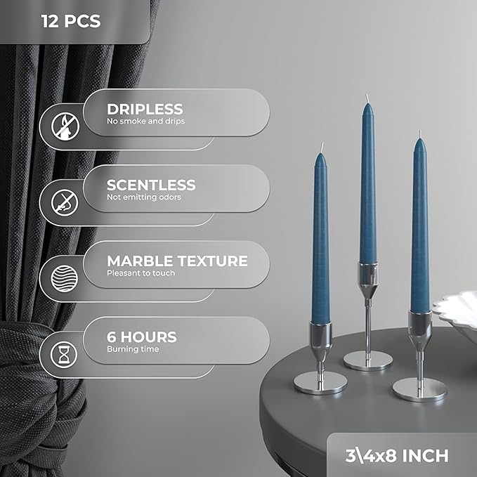 CANDWAX 8 inch Tapered Candles - Set of 12 Dripless Dinner Candles - Dark Blue