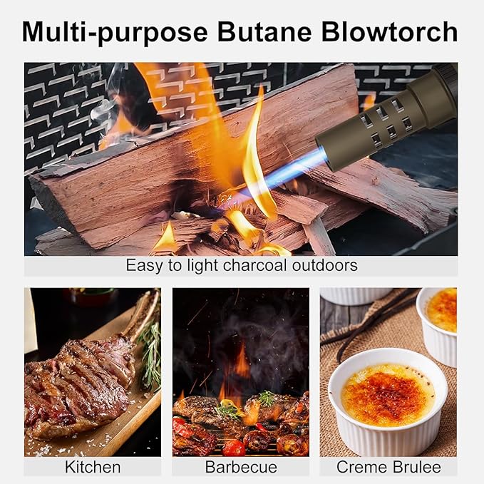 Camping Lighter, Torch Lighter, Windproof Jet Flame Butane Refillable Adjustable Flame with Safety Lock&Fule Guage for Campfires Kitchen Hiking Candles Fireplace BBQ Outdoor Camping Essentials(Brown)