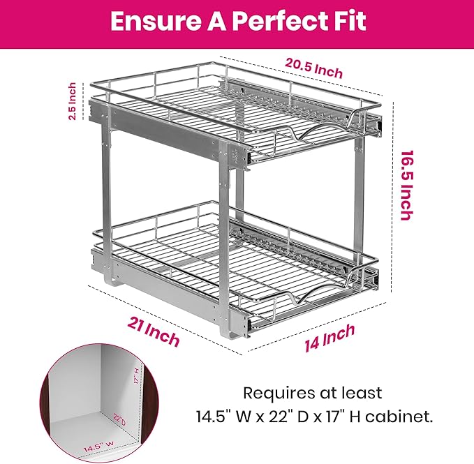 2-Tier Pull-Out Cabinet Organizer with Heavy-Duty Steel Frame, Full-Extension Sliding Shelves, Holds 100 lbs, Easy Install for Kitchen, Pantry & Under Sink Cabinets, 14" W x 21”D x 16.5" H