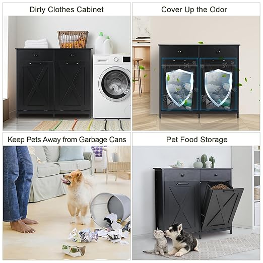 Clevich Double Tilt Out Trash Cabinet 20 Gal, Kitchen Wooden Recycling Holder With Drawers & Tabletop, Dog-Proof Bin, Trash Bins NOT Included (Black)