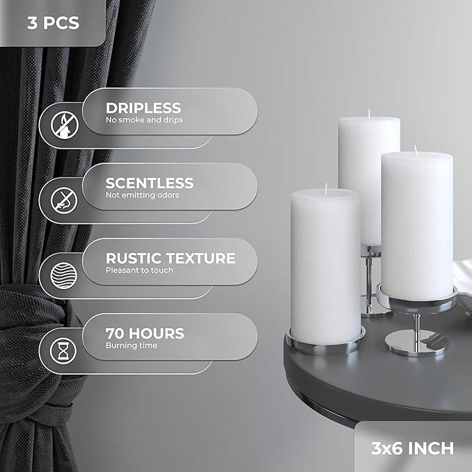 CANDWAX Large Pillar Candles 3x6 Inch – Set of 3 Unscented Dripless White Candles, Rustic Decorative Style for Weddings, Valentines, Home Decor