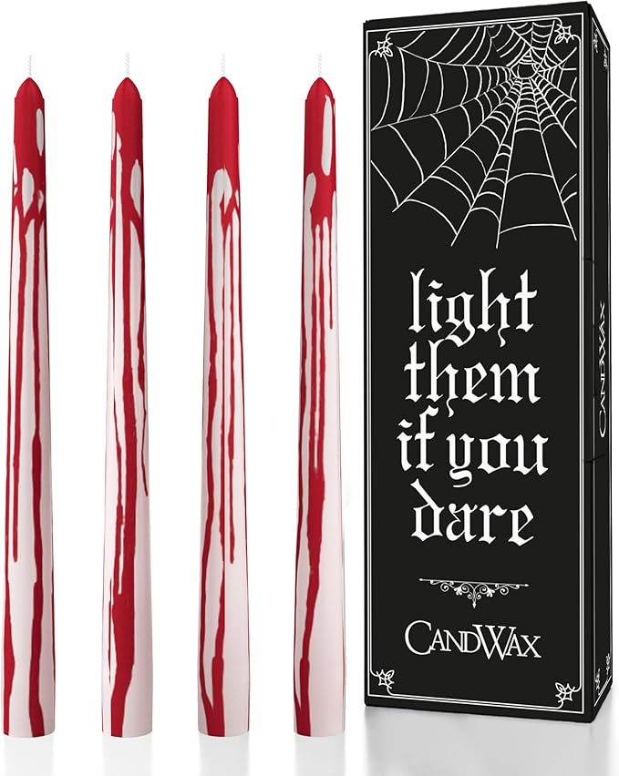 CANDWAX 10 inch Taper Candles Set of 4 - Unscented Taper Burning for 8 Hours - No Drip Taper Candles Ideal for Halloween or Other Themed Party - Blood White