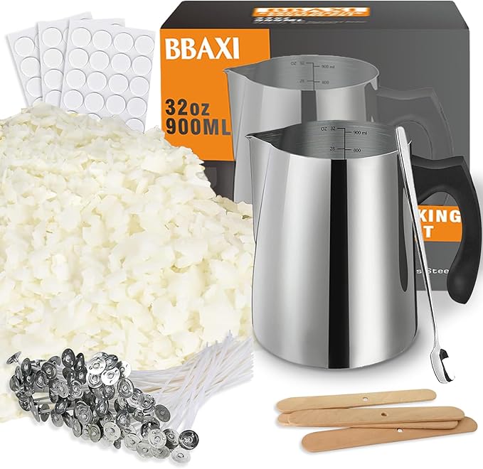 BBAXI Candle Making Kit - 32oz Pouring Pot, 16oz Soy Wax, Wooden Wick Holders, Candle Wicks, Stickers and Spoon