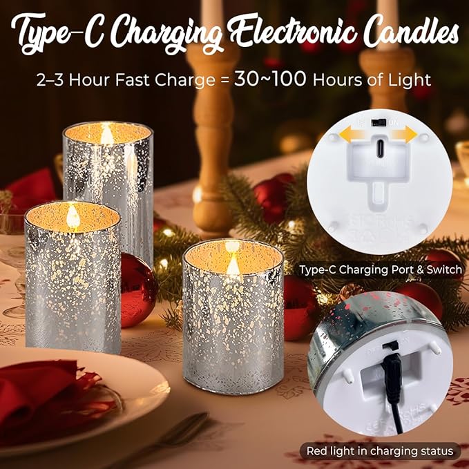 Rechargeable Flameless Candle, Flickering LED Pillar Glass Fake Candle with Remote and Timer, Built-in Battery Real Wax Electronic Candle for Room Decoration, Set of 3