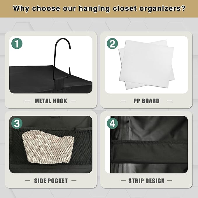 3-Shelf Hanging Closet Organizer and Storage, Foldable Hanging Closet Shelves Front Lip Design Washable Hanging Storage, Black