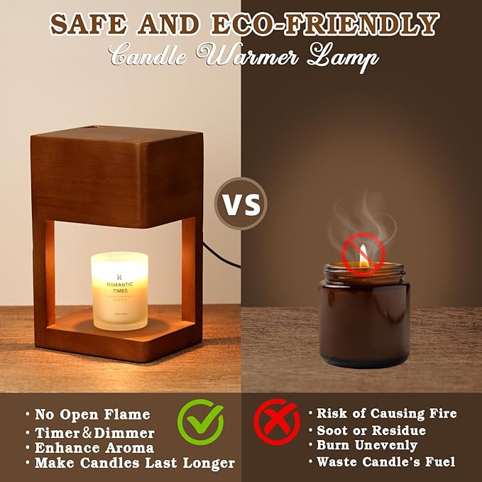Candle Warmer Lamp Wood with Timer, Dimmable Electric Candle Lamp Warmer for Jar Candles, 2*35 Watt Bulb, Mothers Day Birthday Gifts for Women Men, Decorative Wooden Candle Lamp for Bedroom Home Decor