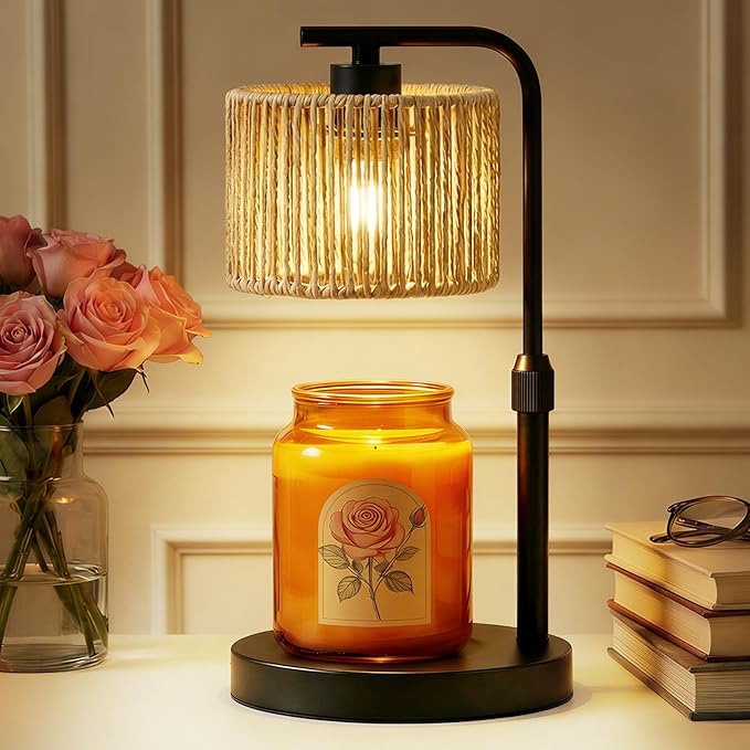 Candle Warmer Lamp, Timer Dimmable Candle Lamp, Adjustable Height and Brightness Black Candle Warmer, Boho Rattan Lampshade and 2 Bulbs, Suitable for Home Decor, Birthday Gifts for Women Mom