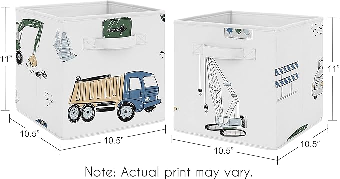 Sweet Jojo Designs Construction Truck Foldable Fabric Storage Cube Bins Boxes Organizer Toys Kids Baby Childrens - Set of 2 - Grey Yellow Black Blue and Green Transportation