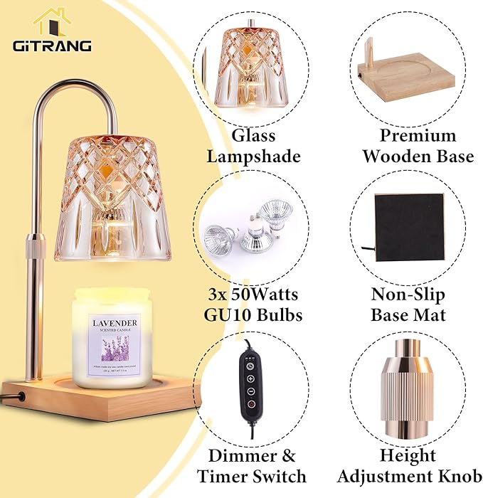 Candle Warming Lamp with Timer Dimmer,House Warming Gifts New Home Decor, Birthday Gifts for Women Mom,Height Adjustable Wax Melts Warmer for Jar Candles with 3 Bulbs，Exquisite Gifts Decor Lamp