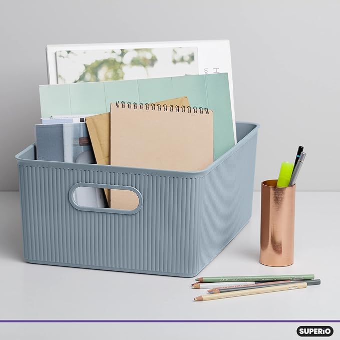 Superio Ribbed Collection - Decorative Plastic Basket Open Home Storage Bins Organizer, Large Blue (1 Pack) Container Boxes for Organizing Closet Storage Bins for Shelves 15 Liter/16 Quart