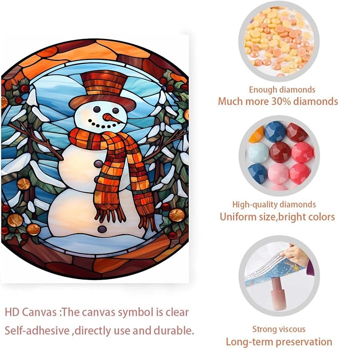 GUAIEUW Winter Stained Glass Snowman Diamond Painting Kits 5D Full Round Diamond Painting Art, Season Theme Canvas HD Picture DIY Diamond Dot Painting, Home Wall Decor Gift 16x20 Inch