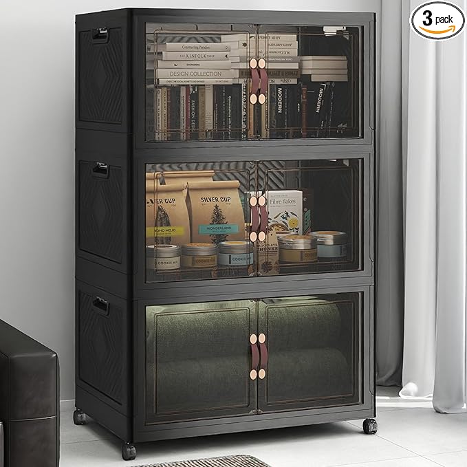 UAMFURI Stackable Storage Bins with Lids, 540QT Lockable Storage Cabinet, Foldable Storage Box with Doors and Wheels, Plastic Drawers for Home, Garage, Office (3, Black, Extra Large)